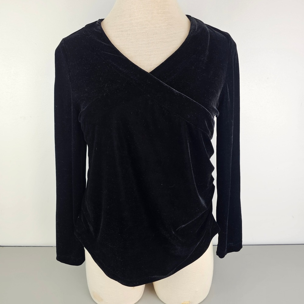 Soft Surroundings Black Velvet Faux Wrap Ruched V-Neck Top PL 37120